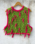 Green-Pink Fringe Crochet Vest